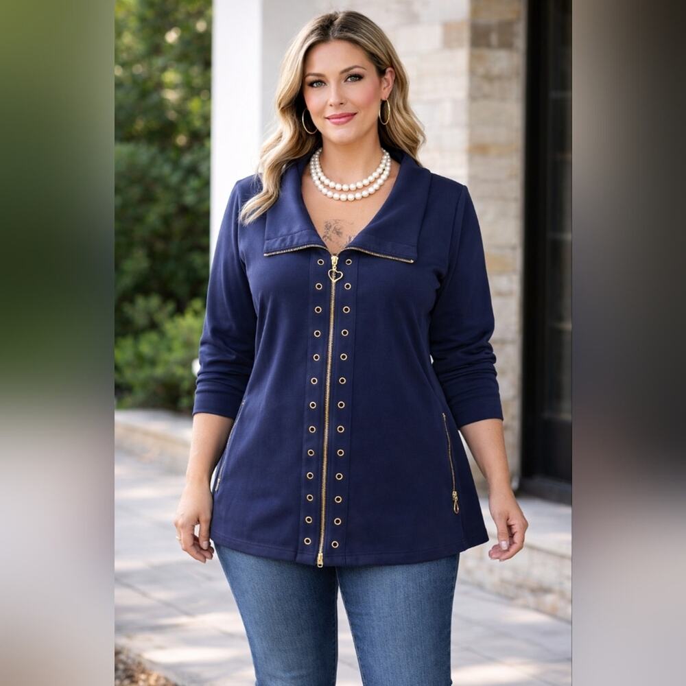 Bestow Wear Navy Zip Front Grommet Detail Top Sz XL